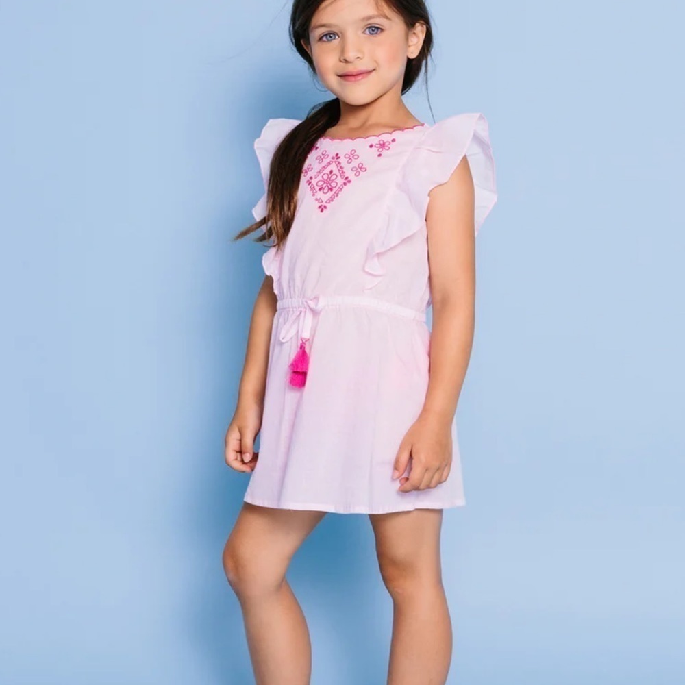 Floatimini kids beach wear Embroidered Side Ruffle Cover-up Dress, pink Sz 4